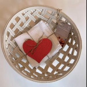 Stoneware Woven Basket; heart-love decor with bread towel